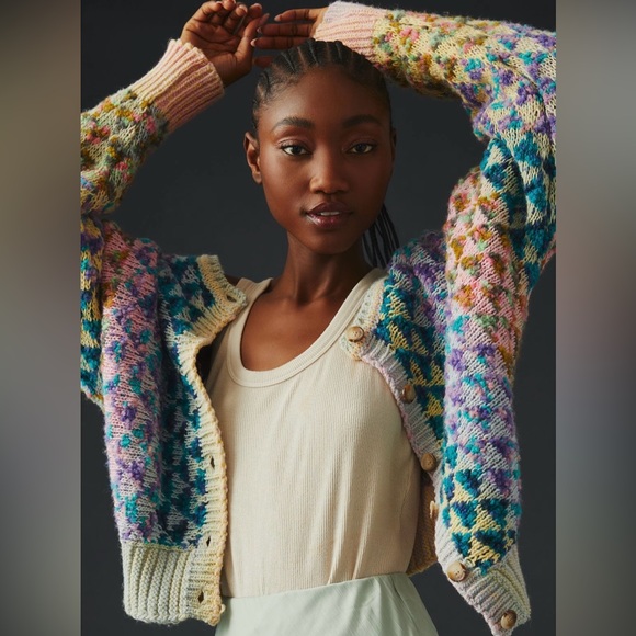 Anthropologie TEXTURED CARDIGAN SWEATER IN A BEAUTIFUL RAINBOW YARN WOOL BLEND - Picture 3 of 12